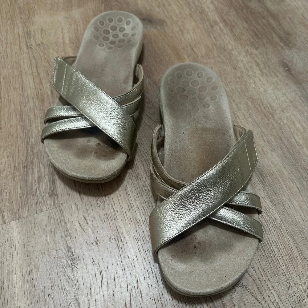 Vionic | Zarie Gold Metallic Cross Strap Orthotic Comfort Slide Sandal, Size 10W